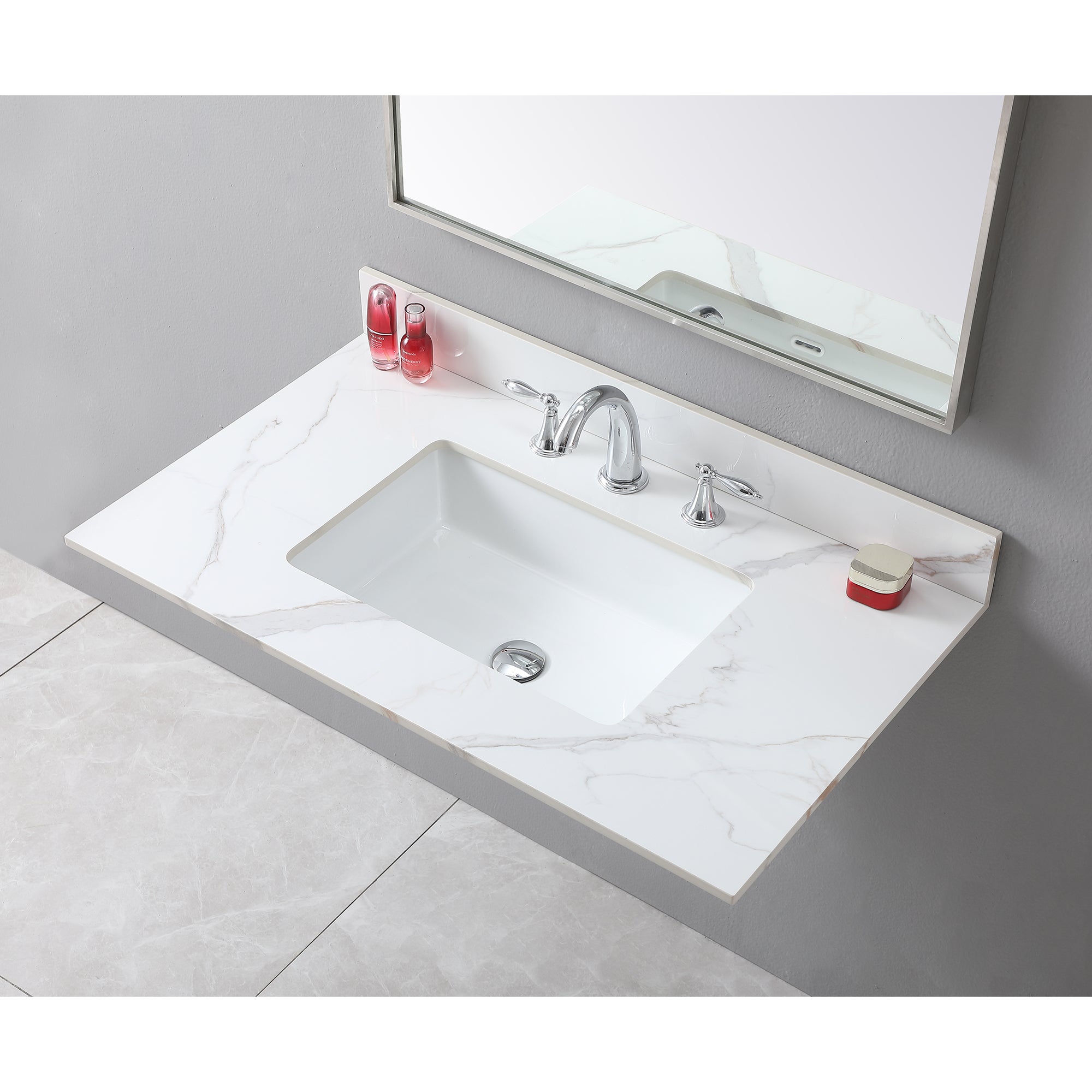 Montary 37inch bathroom vanity top stone carrara gold new style tops with rectangle undermount ceramic sink and 3 faucet hole for bathroom cabinet - Grand Goldman Shop