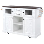 K&K 54.9' Kitchen Island with Drop Leaf, Power Outlet, Kitchen Storage Cart with 4 Door Shelves, Cross Barn Doors & Visual Glass Door, Rolling Kitchen Island on 4 Wheels for Kitchen, Dining Room,White - Grand Goldman Shop