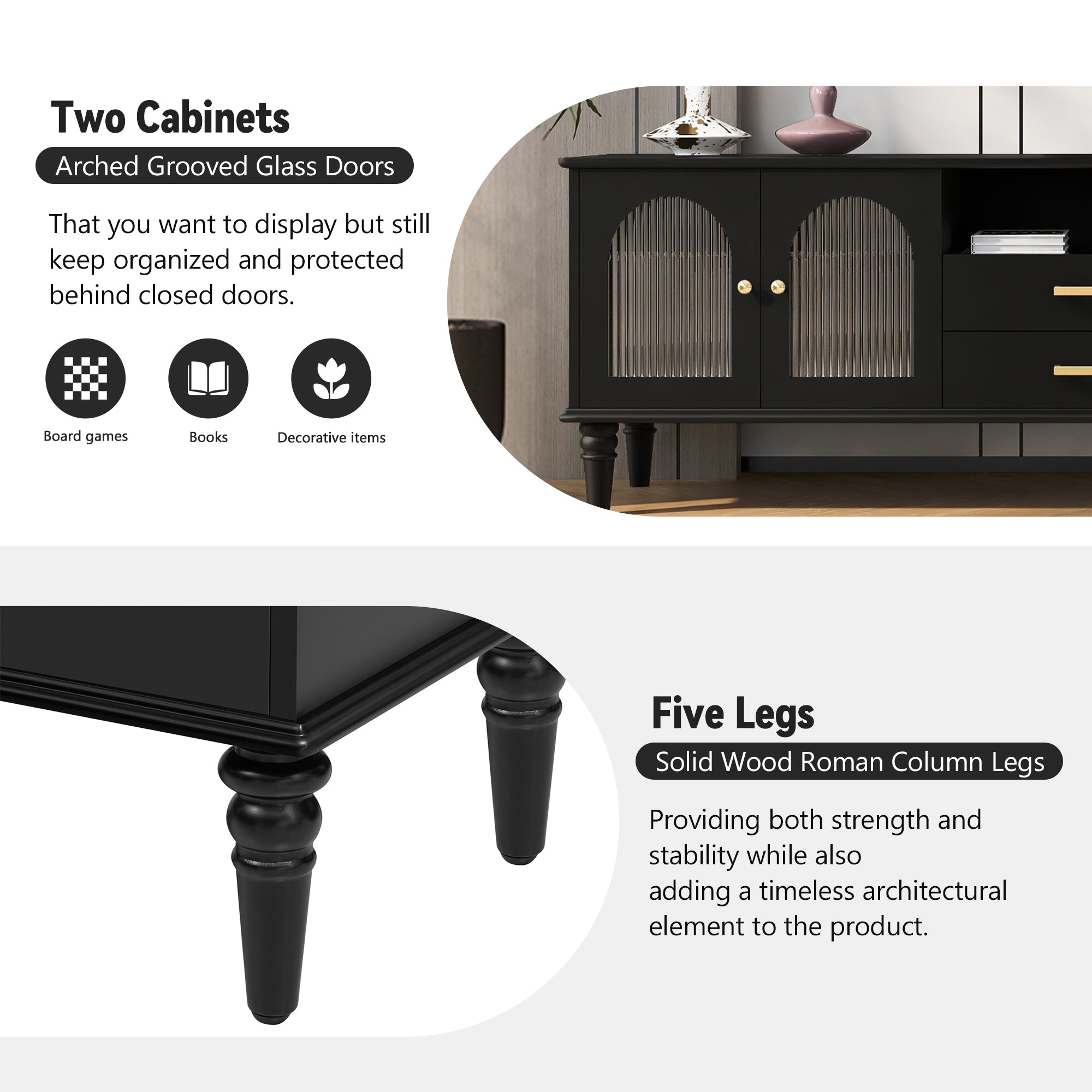 68.9'' Retro TV Stand for TVs up to 75 Inches, Entertainment Center Media Console with Fluted Glass Doors and Five Solid Wood Legs for Living room - Grand Goldman Shop