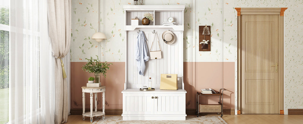 Hall Tree with Storage Shoe Bench for Entryway and Hallway, 4-in-1 Design Coat Racks with Hooks for Living Room, White - Grand Goldman Shop
