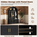 Farmhouse Fabric Arched Top Hall Tree with 5 Metal Hooks, All-in-One Mudroom Furniture with Adjustable Shelves, Mid-Century Fluted Door Entryway Bench with Wood Grain Finish for Hallway, Black - Grand Goldman Shop