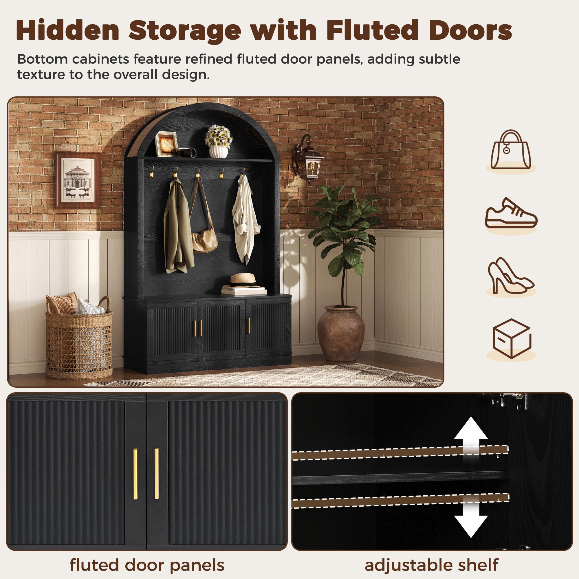 Farmhouse Fabric Arched Top Hall Tree with 5 Metal Hooks, All-in-One Mudroom Furniture with Adjustable Shelves, Mid-Century Fluted Door Entryway Bench with Wood Grain Finish for Hallway, Black - Grand Goldman Shop