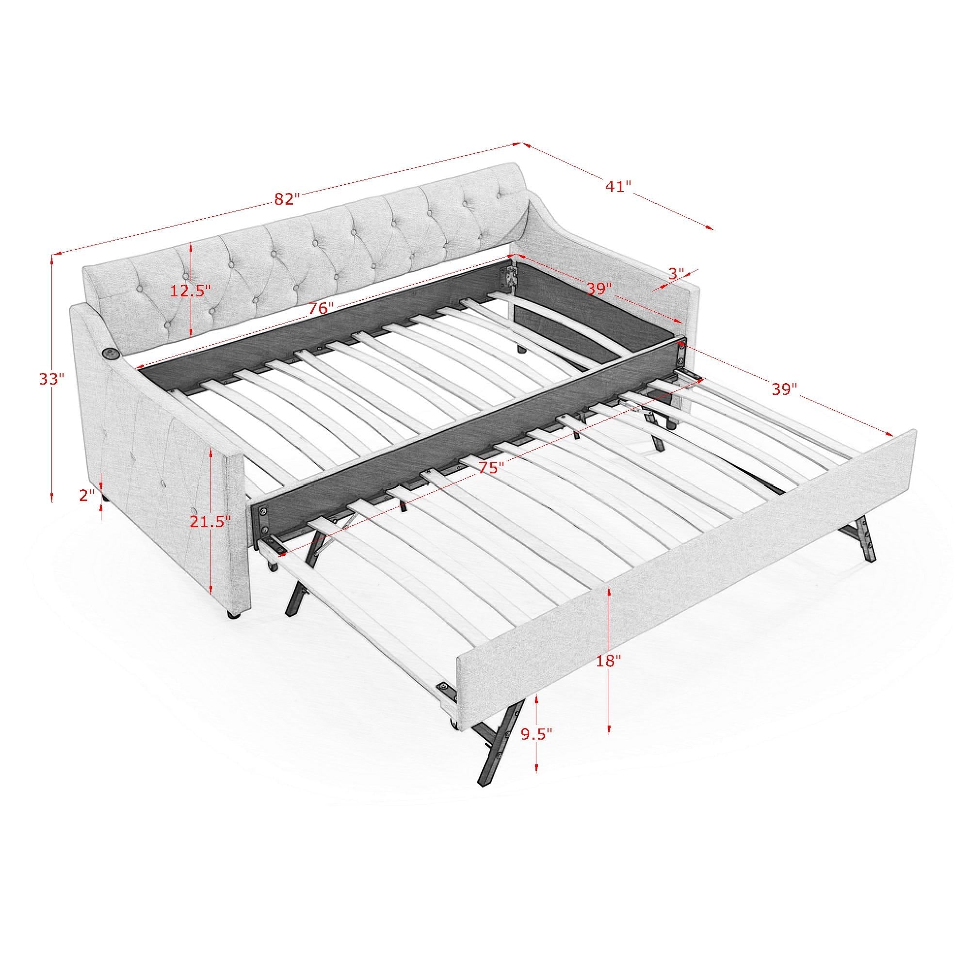 Twin Size Upholstered Daybed with Trundle and USB Charging, Dark Gray Linen - Grand Goldman Shop