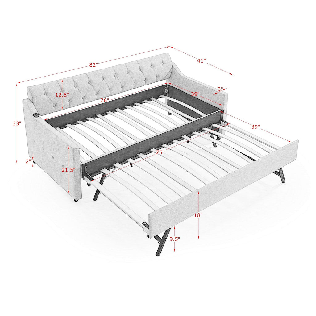 Linen Grey Mid-Century Style Twin Size Upholstered Daybed with Trundle and USB Charging Armrest - Grand Goldman Shop