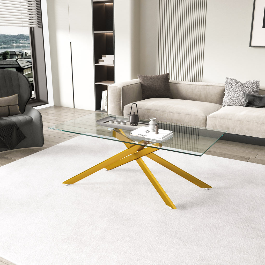 47.2' Rectangular Clear Tempered Glass Coffee Table,Stylish Design with Golden Metal Legs, Coffee Table for Living Room - Grand Goldman Shop