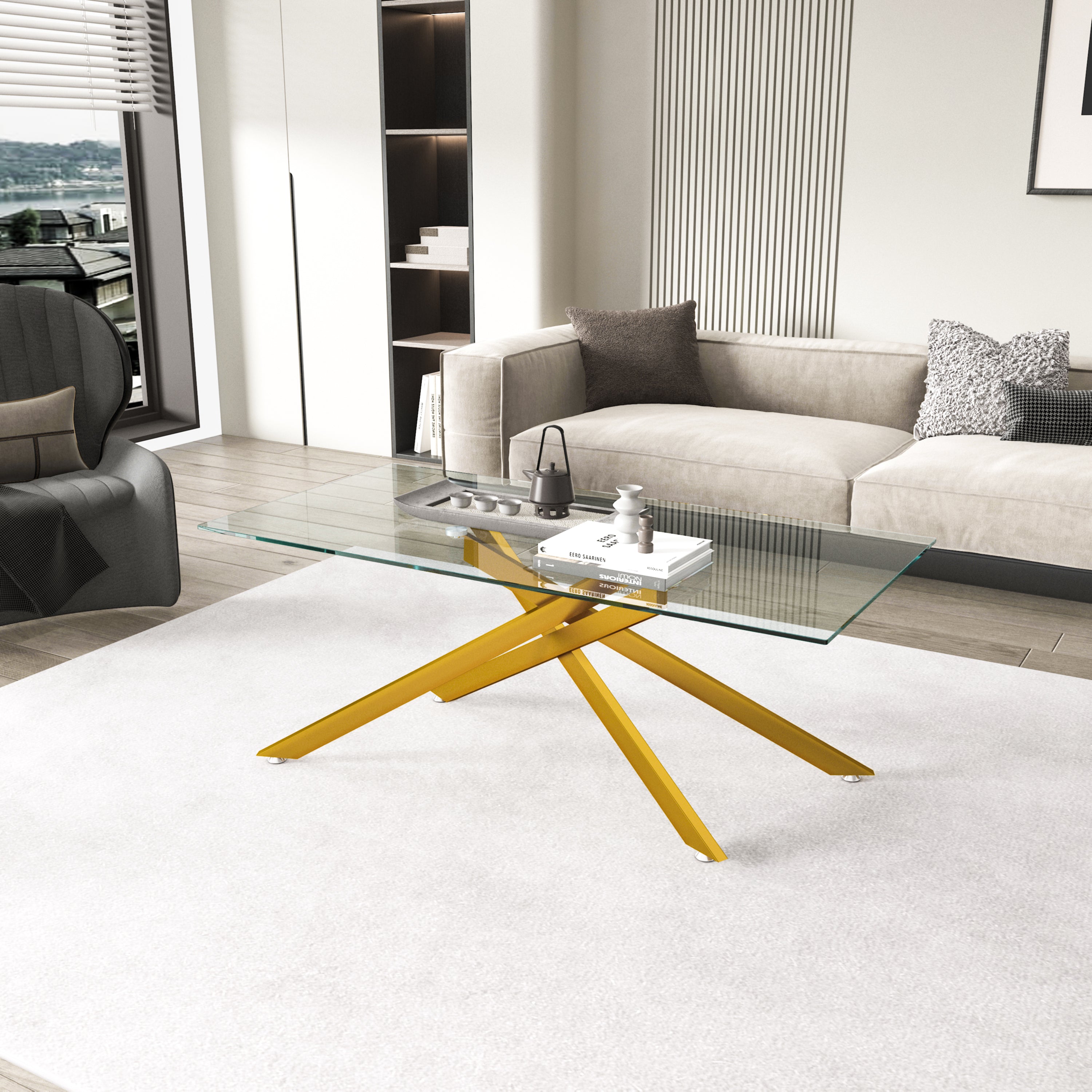47.2' Rectangular Clear Tempered Glass Coffee Table,Stylish Design with Golden Metal Legs, Coffee Table for Living Room - Grand Goldman Shop