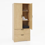 2 Door Wood Wardrobe for Bedroom with Hanging Clothing Rod inside the Cabinet and 2 Drawers for Storage Organization, Built-in induction light Multifunctional Closet with Mirror, Natural - Grand Goldman Shop