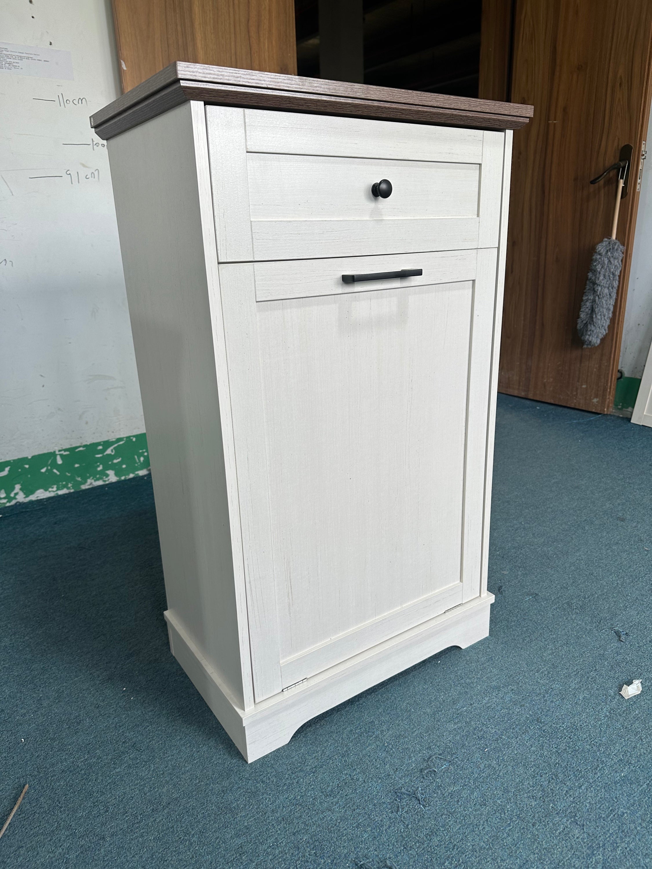 10 Gallon Tilt Out Trash Cabinet Freestanding Trash Bin Cabinet Wood Garbage Recycling Cabinet with Drawer Pet Proof Trash Can Holder for Kitchen Living Room, Antique White (Not include trash can) - Grand Goldman Shop