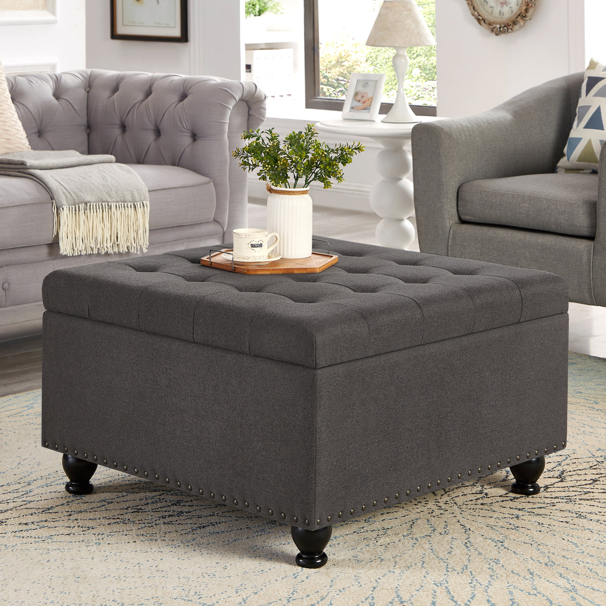 Large square storage ottoman with wooden legs, Upholstered button tufted coffee table with nail trims for Living Space,Dark Grey - Grand Goldman Shop