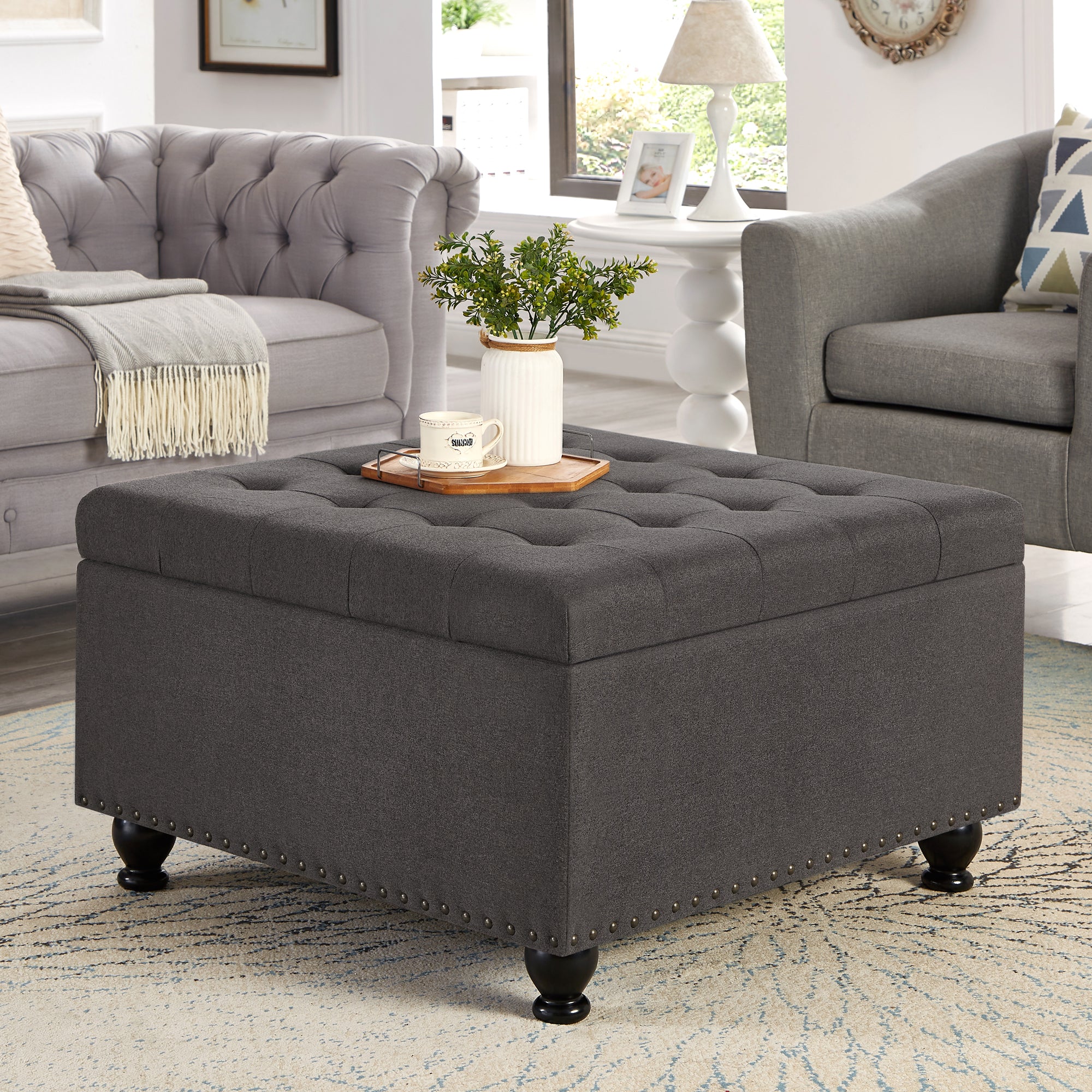 Large square storage ottoman with wooden legs, Upholstered button tufted coffee table with nail trims for Living Space,Dark Grey - Grand Goldman Shop