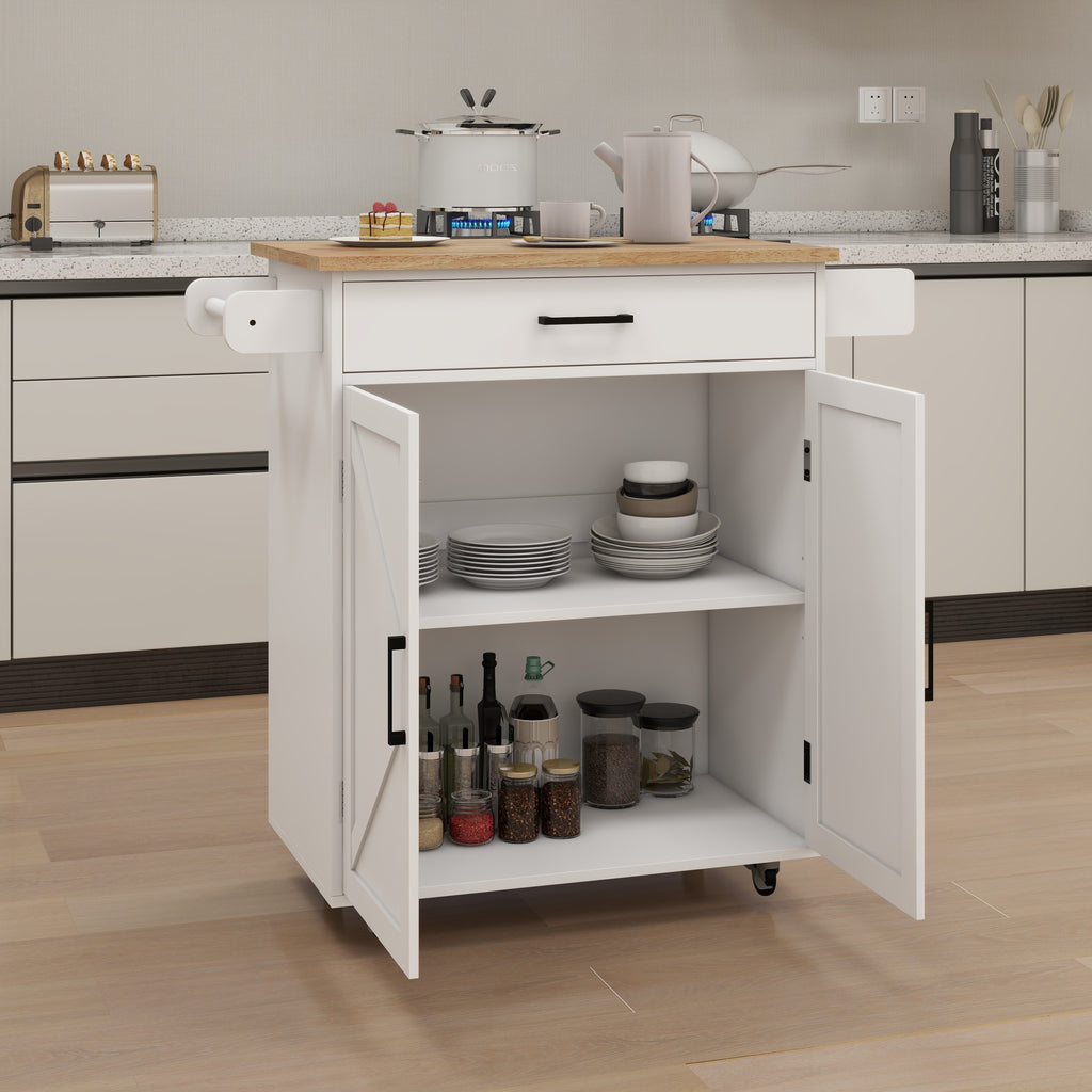 Kitchen island rolling trolley cart with Adjustable Shelves & towel rack & seasoning rack rubber wood table top-White - Grand Goldman Shop