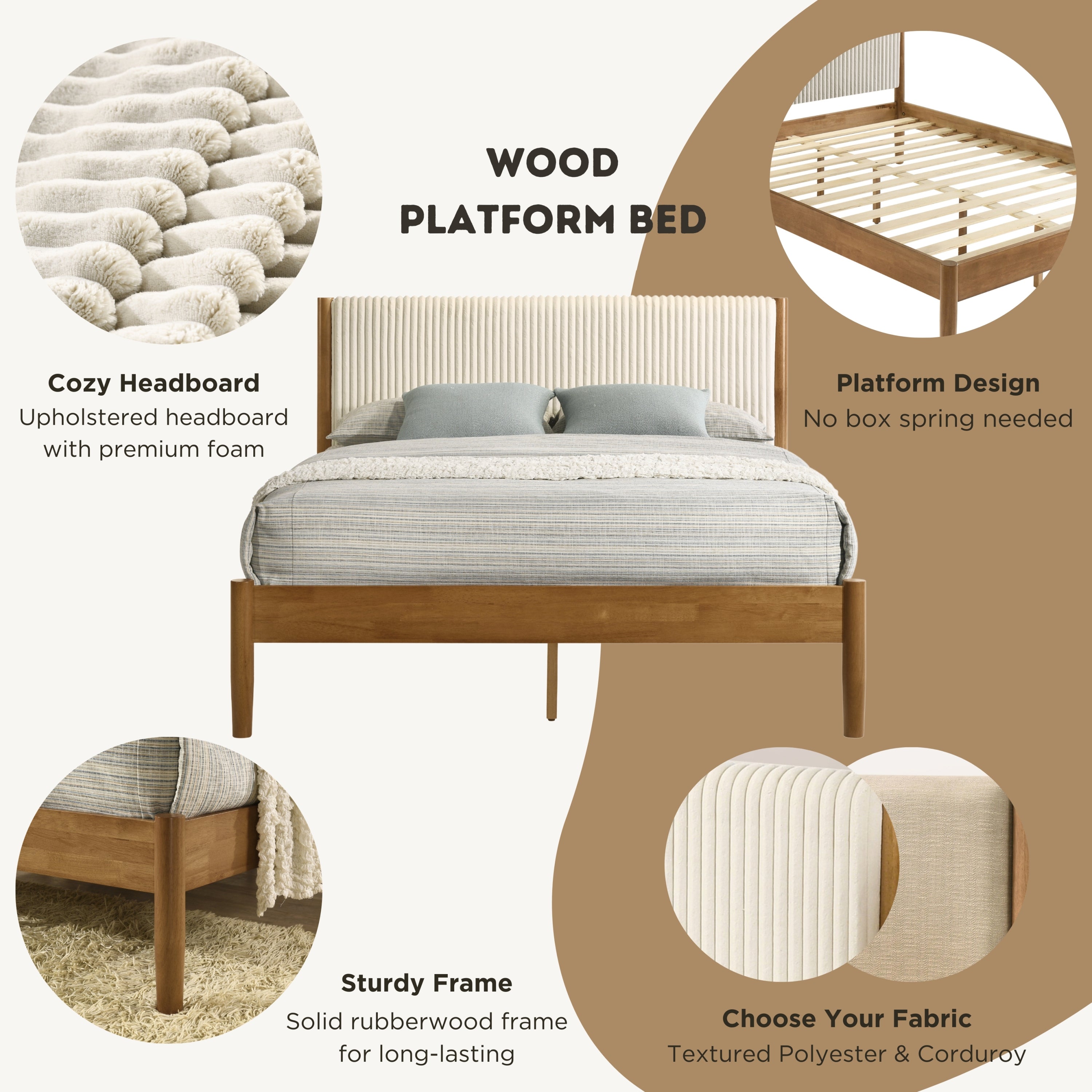 Vichy 2-Piece Rubberwood Corduroy Bedroom Set, Platform Bed with Nightstand, Queen - Grand Goldman Shop