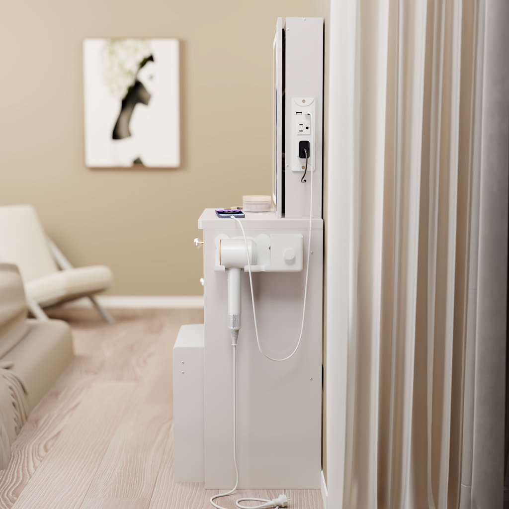 29.2' Small Size Bedside Cabinet Vanity Table + Cushioned Stool, 2 AC+2 USB Power Station, Hair dryer bracket, Extra Large Touch Control Sliding LED Mirror, 3-color Switching, EPA, GCC, UL Certificate - Grand Goldman Shop