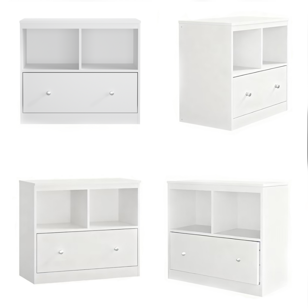 White Wooden Kids Toy Storage Organizer with Large Drawer and Low Bookshelf for Nursery & Playroom, Engineered Wood Cabinet f