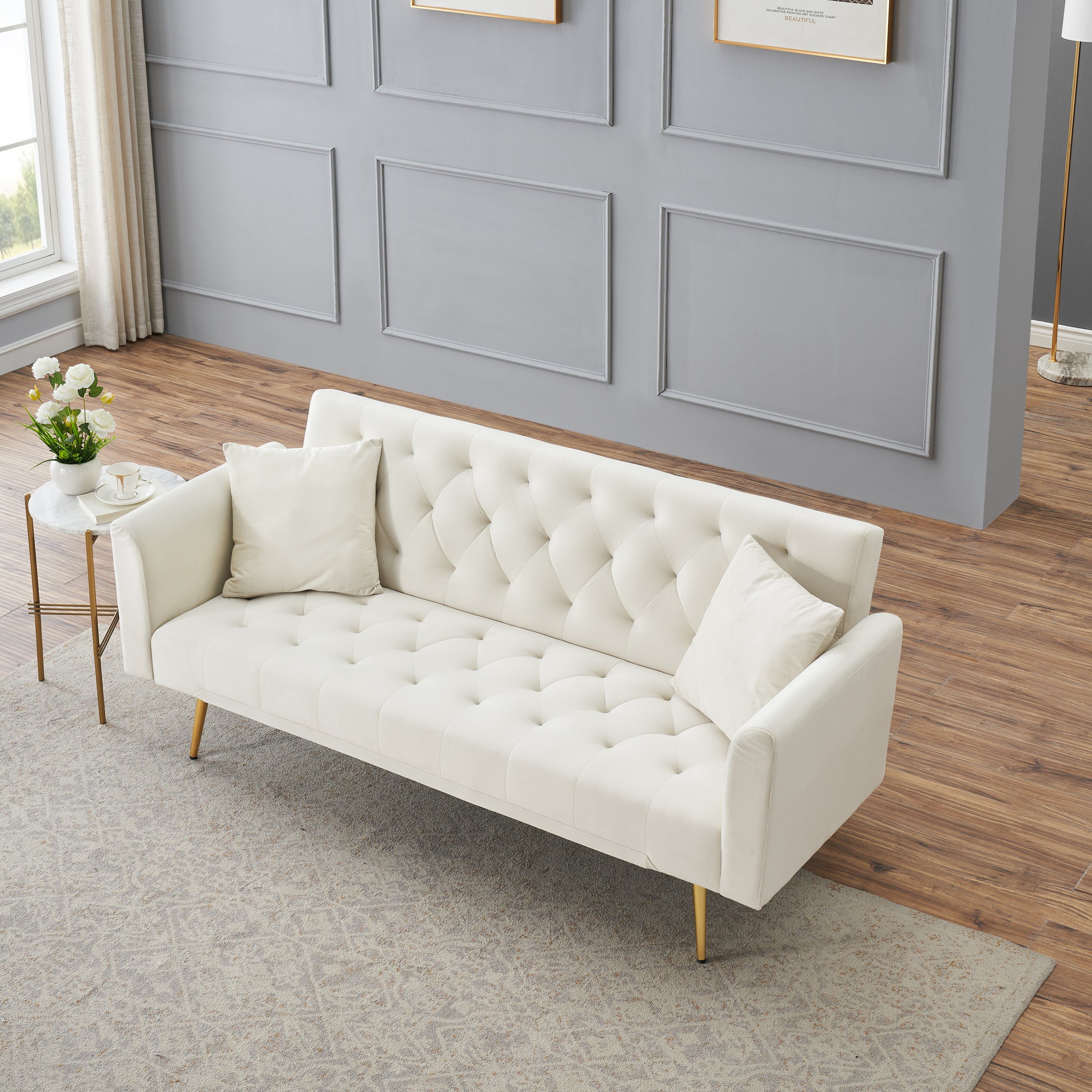 71 inch convertible love seat sofa, American retro beige velvet, suitable for small living room, bedroom, office - Grand Goldman Shop