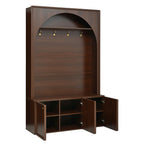 ON-TREND Farmhouse All-in-One Hall Tree with Adjustable Shelves, Retro Arched Entryway Storage Bench with 3 Cabinets, Wooden Coat Rack Organizer with 4 Golden Hooks for Mudroom, Hallway, Walnut - Grand Goldman Shop