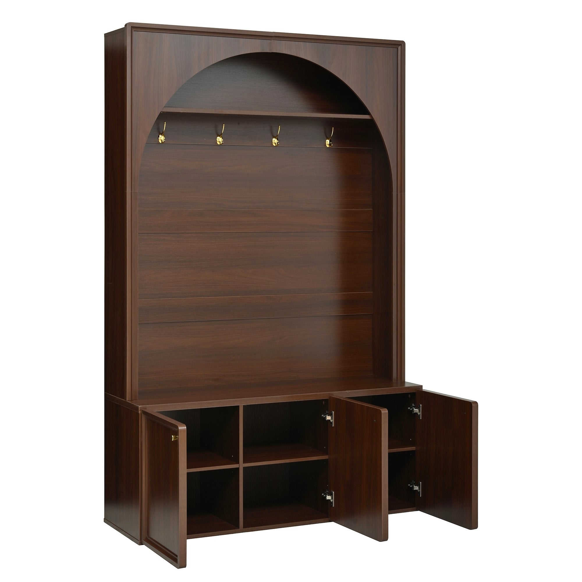 ON-TREND Farmhouse All-in-One Hall Tree with Adjustable Shelves, Retro Arched Entryway Storage Bench with 3 Cabinets, Wooden Coat Rack Organizer with 4 Golden Hooks for Mudroom, Hallway, Walnut - Grand Goldman Shop