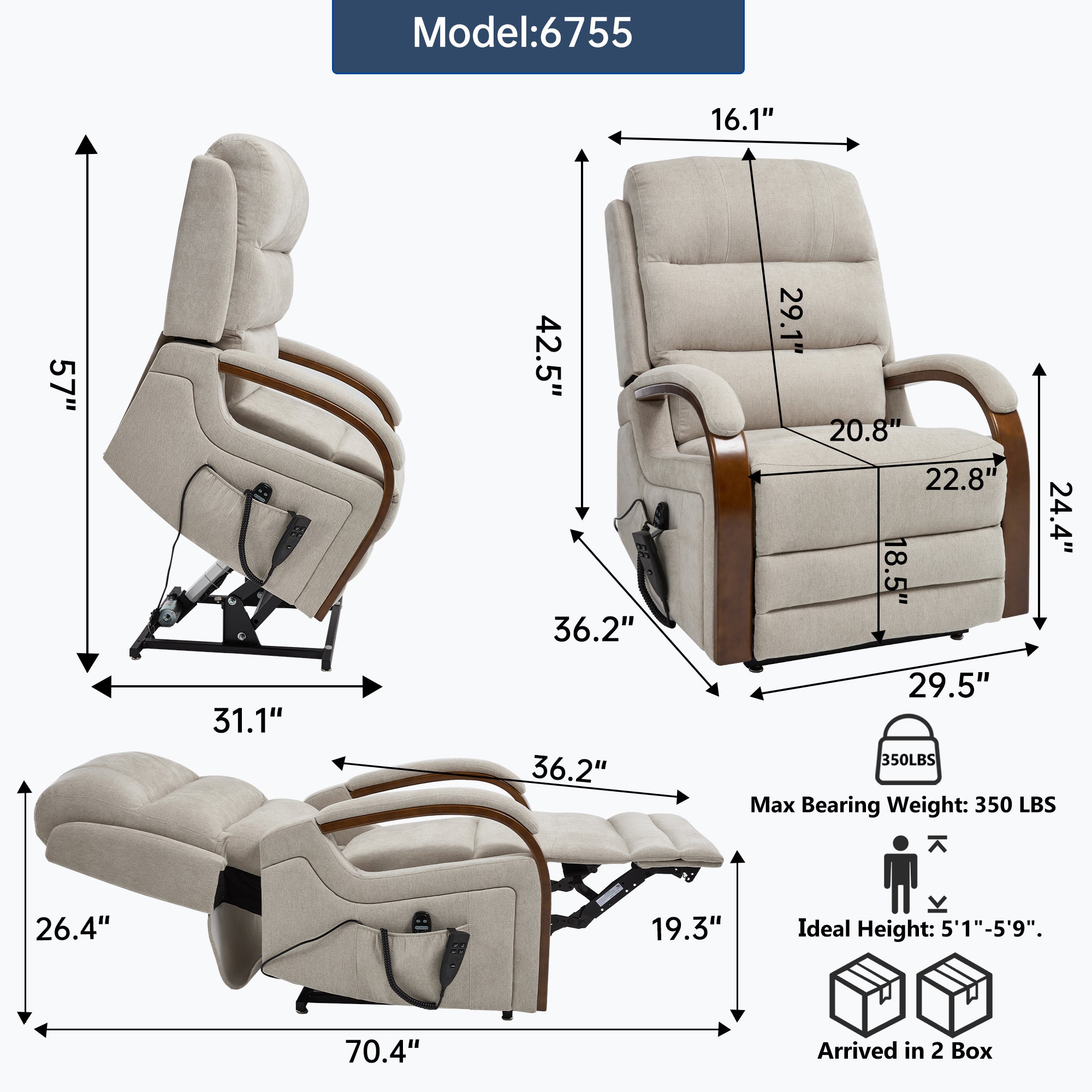 Power Beige Chenille Lift Recliner Chair Dual Motor Infinite Position Up to 350 LBS with Solid Wood Armrests, Heat Massage and Heavy Duty Motion Mechanism - Grand Goldman Shop