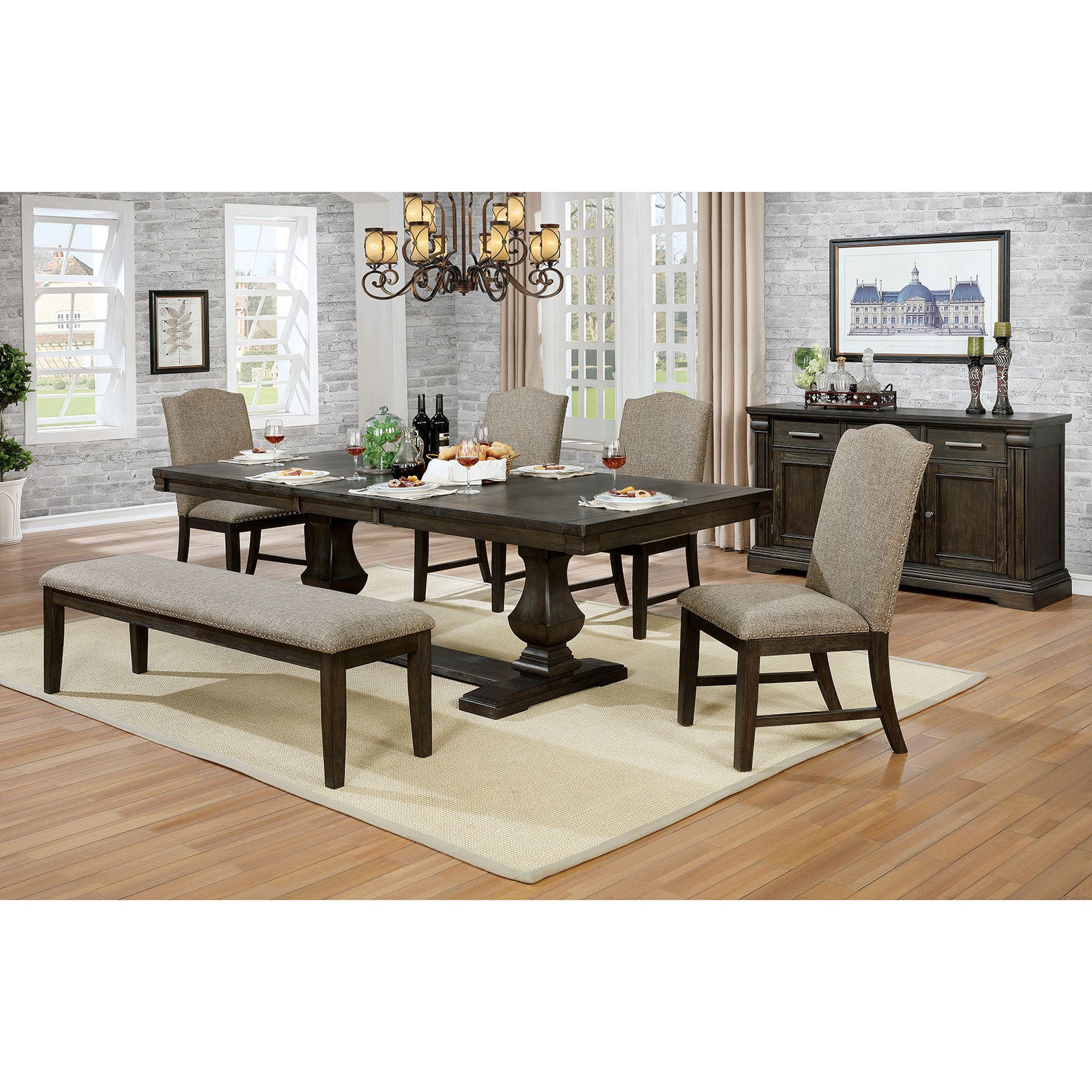 Transitional 1pc BENCH Only Espresso Warm Gray Nail heads Solid wood Fabric Upholstered Padded Seat Kitchen Rustic Dining Room Furniture - Grand Goldman Shop