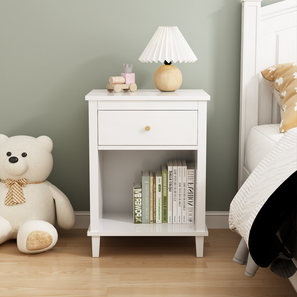 26.77''H White Wooden Nightstand with One Drawer and Shelf, Golden Handle, MDF Construction for Kids and Adults - Grand Goldman Shop