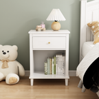 26.77''H White Wooden Nightstand with One Drawer and Shelf, Golden Handle, MDF Construction for Kids and Adults - Grand Goldman Shop