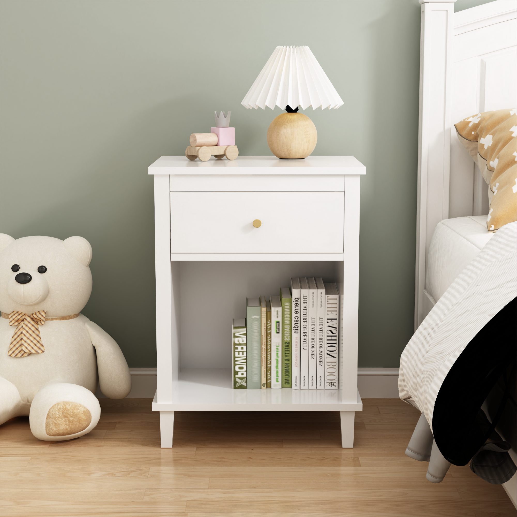 26.77''H White Wooden Nightstand with One Drawer and Shelf, Golden Handle, MDF Construction for Kids and Adults - Grand Goldman Shop