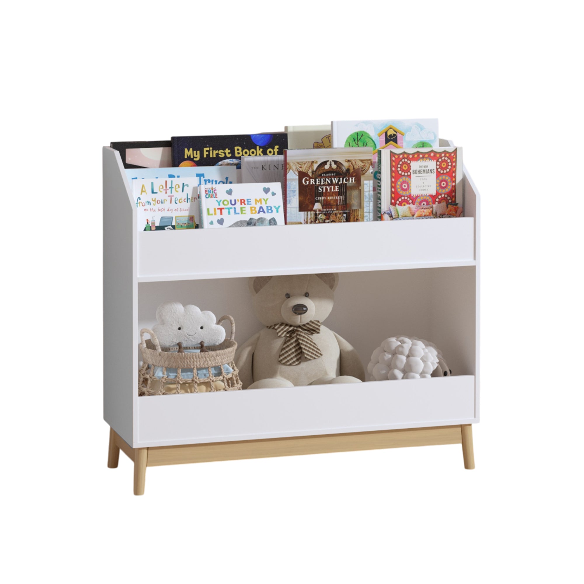 White Wooden Kids Bookcase Organizer with Storage, 3-Tier Toddler Book Display Shelf for Bedroom or Playroom | Premium Home D