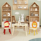 Lion & Monkey Wooden Activity Play Table Set for Kids, 3-Piece Toddler Table and Chair Set in Yellow & Red, Solid Wood & MDF,