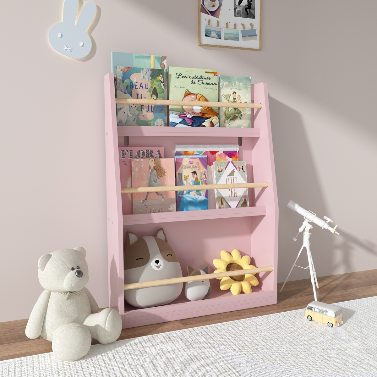 3-Tier Kids Book Shelf, Pink MDF & Pine Wood Storage Rack for Bedrooms, Playrooms, and Classrooms - Grand Goldman