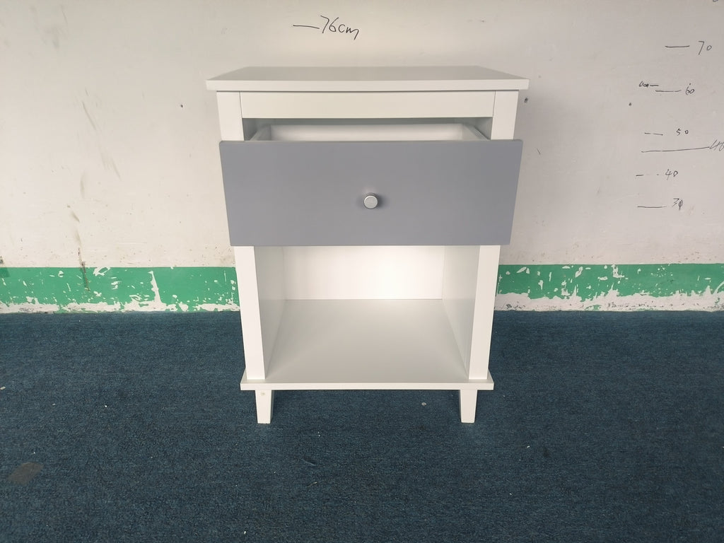 Gray+Silver Handle Wooden Nightstand 26.77''H with One Drawer One Shelf for Kids and Adults, White+Gray Finish MDF - Grand Goldman Shop