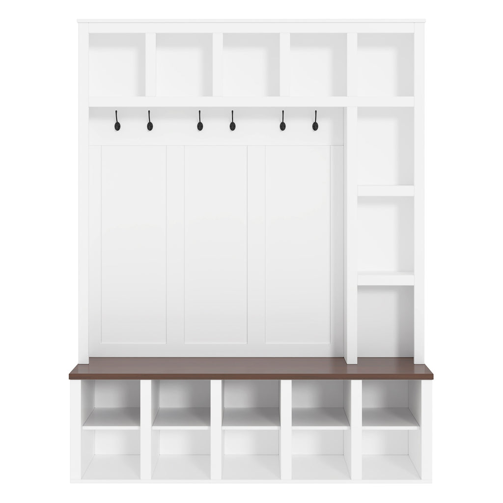 Farmhouse Wooden Hall Tree with 6 Hooks, Walnut Storage Bench with Adjustable Shelves, 4-in-1 Entryway Shoe Cabinet with Cubbies for Mudroom, Living Room, White, 76.7'H (OLD SKU: N721S000044K) - Grand Goldman Shop