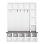 Farmhouse Wooden Hall Tree with 6 Hooks, Walnut Storage Bench with Adjustable Shelves, 4-in-1 Entryway Shoe Cabinet with Cubbies for Mudroom, Living Room, White, 76.7'H (OLD SKU: N721S000044K) - Grand Goldman Shop