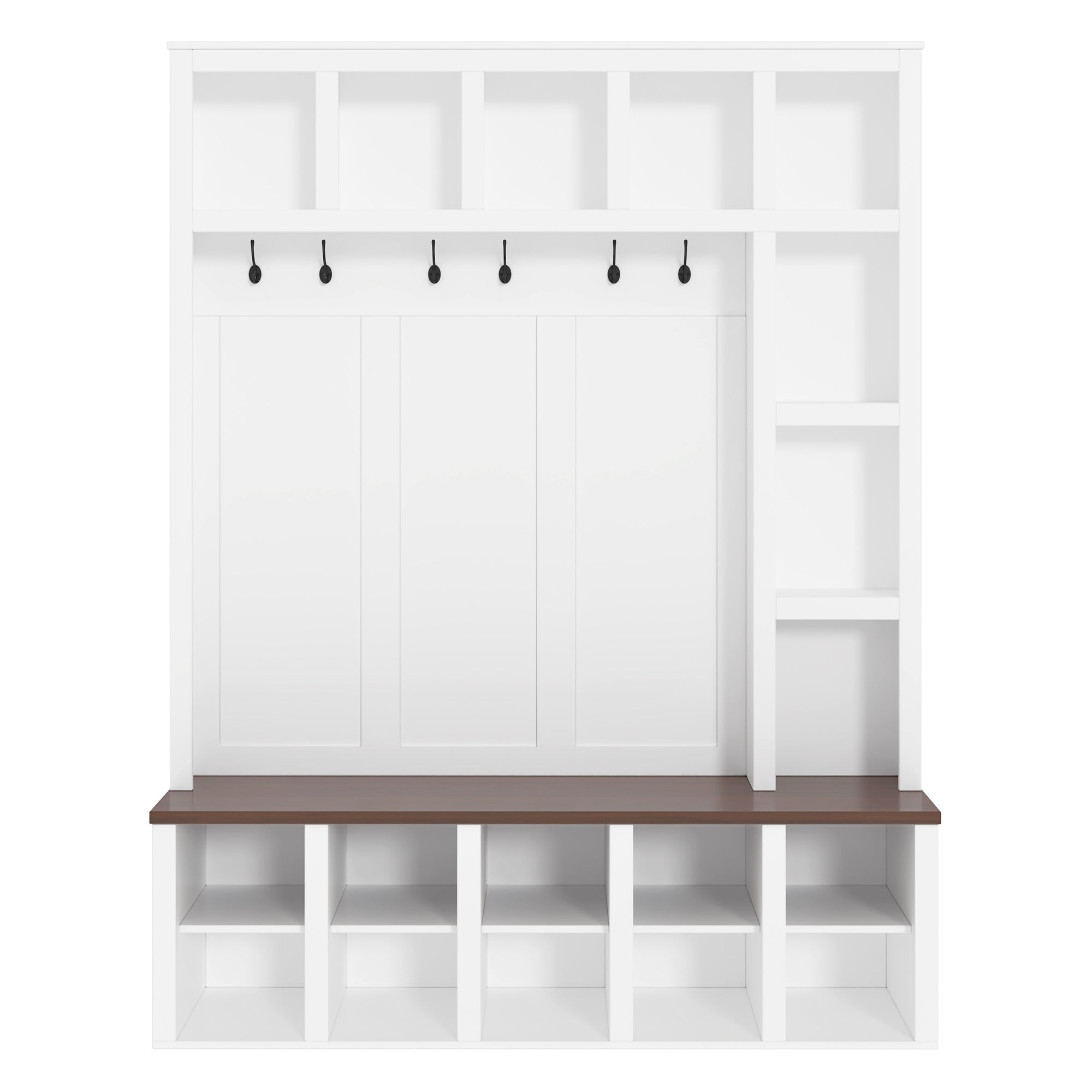 Farmhouse Wooden Hall Tree with 6 Hooks, Walnut Storage Bench with Adjustable Shelves, 4-in-1 Entryway Shoe Cabinet with Cubbies for Mudroom, Living Room, White, 76.7'H (OLD SKU: N721S000044K) - Grand Goldman Shop