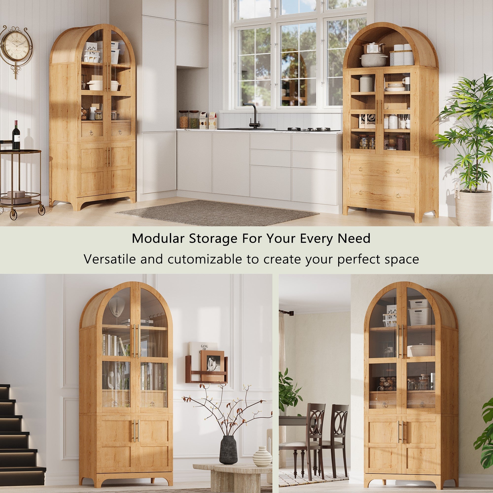 K&K 71' Tall Arched Kitchen Pantry Cabinet with Door Shelves, Farmhouse Kitchen Storage Cabinet with Open & Adjustable Shelves, Hidden Drawer & Glass Door, Cupboard for Kitchen, Dining Room, Natural - Grand Goldman Shop