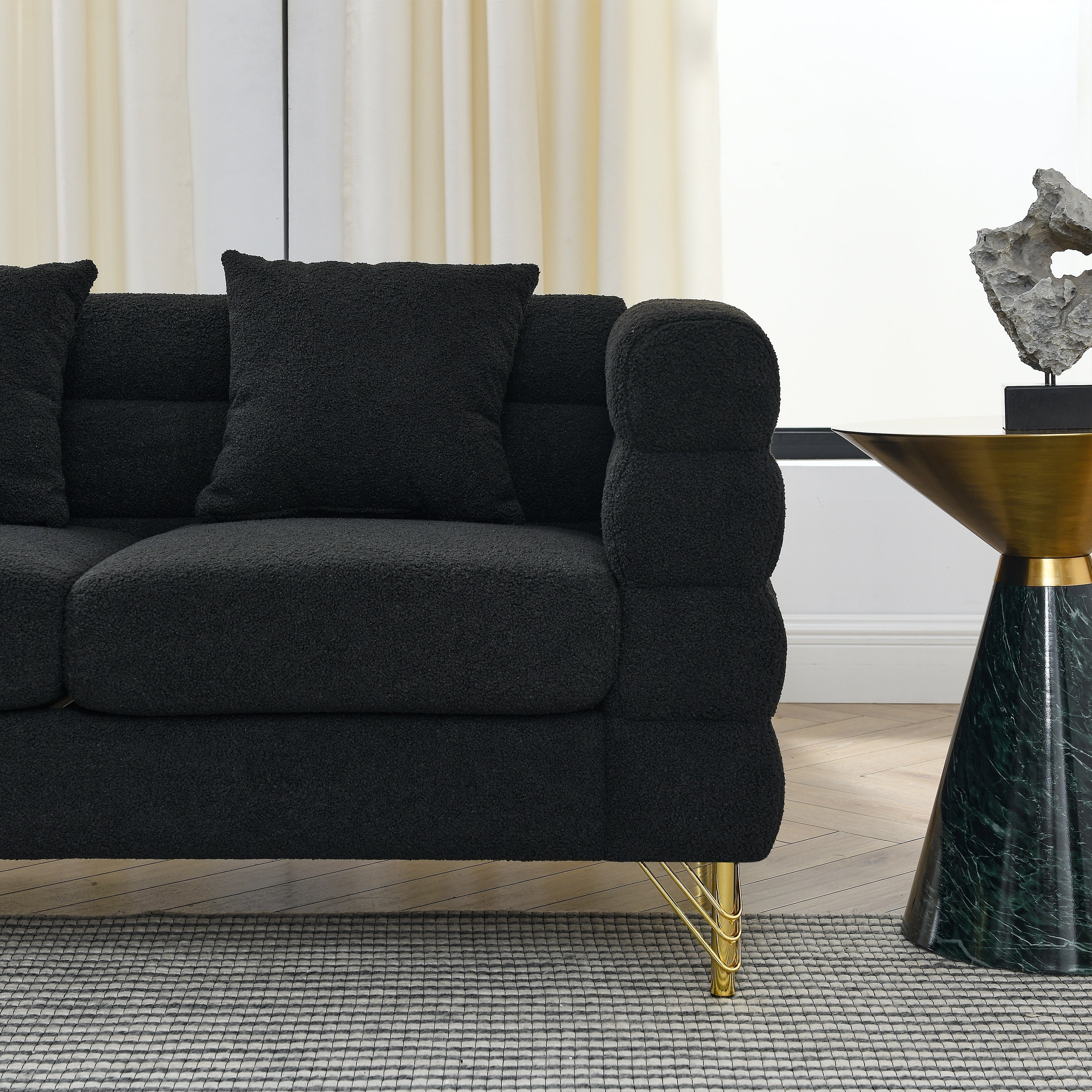 Streamline Modern 81 Inch Oversized 3 Seater Sectional Sofa in Black Teddy Fabric with 3 Lumbar Pillows, Deep Seating Comfort for Living Room Bedroom Office - Grand Goldman Shop