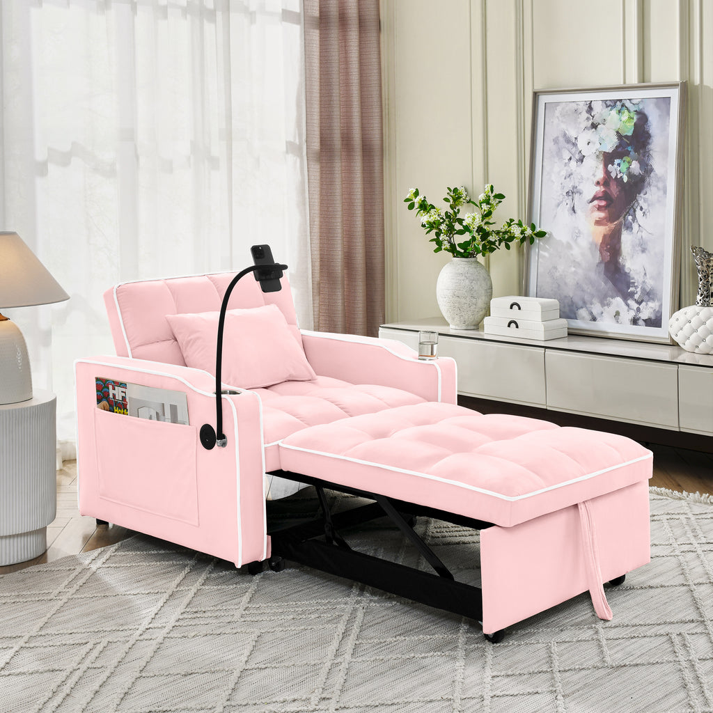Convertible Sleeper Chair Sofa Bed Adjustable Pull Out Sleeper Chair Bed Multi-Pockets Folding Sofa Bed for Living Room Bedroom Small Space,3-in-1 Sofa Bed(PINK) - Grand Goldman Shop