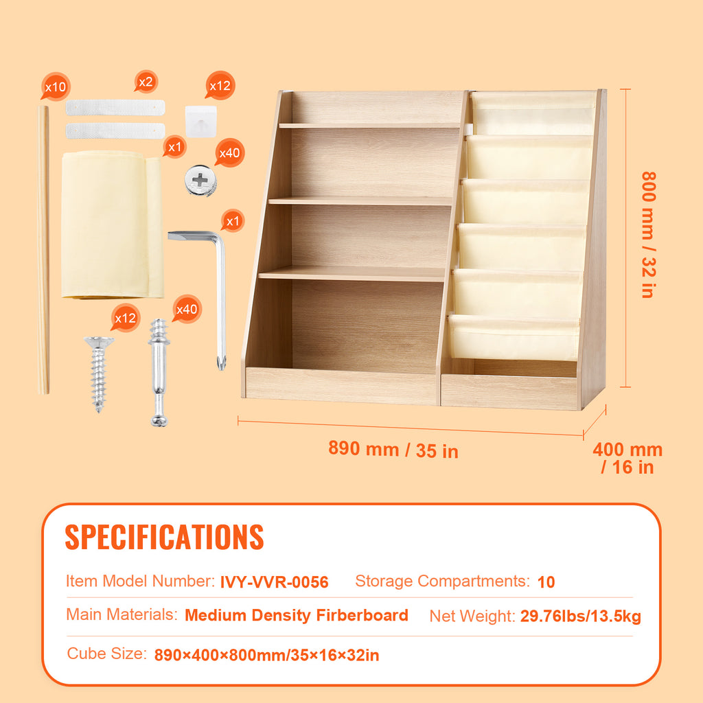 Wooden Kids Bookshelf 4-Tier, Toy Storage Organizer for Toddler, Book Shelf for Kids Rooms with 6-Layer Sling Book Rack, Baby