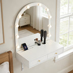 Floating Makeup Vanity Desk with Mirror & 3-Color Lights, Wall Dressing Table with Power Outlet, Compact vanity, Large Storage, White - Grand Goldman Shop