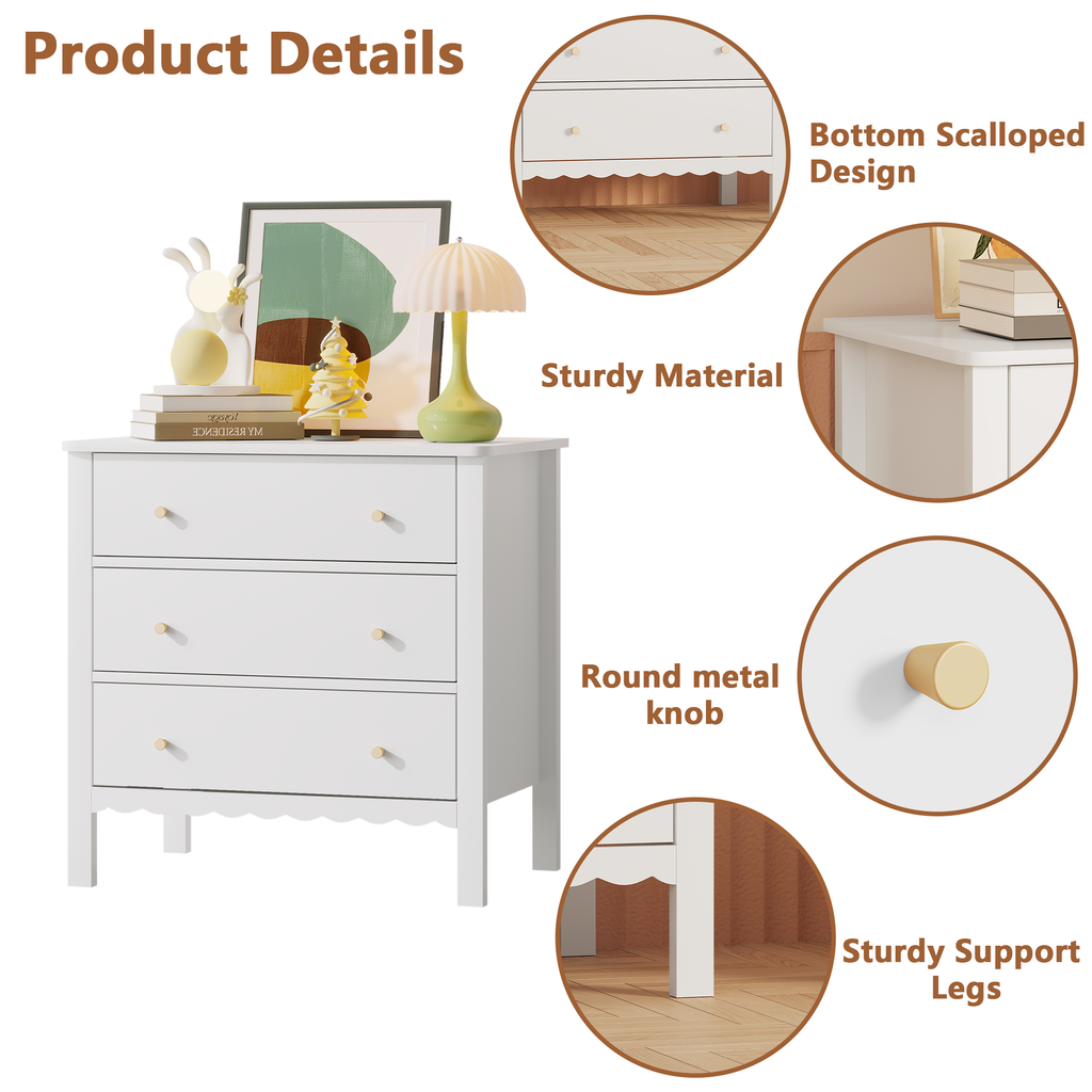 White 3 Drawer Dresser for Bedroom, Modern MDF Painted Chest of Drawers with Gold Knobs, Wooden Storage Cabinet for Kids, Nur