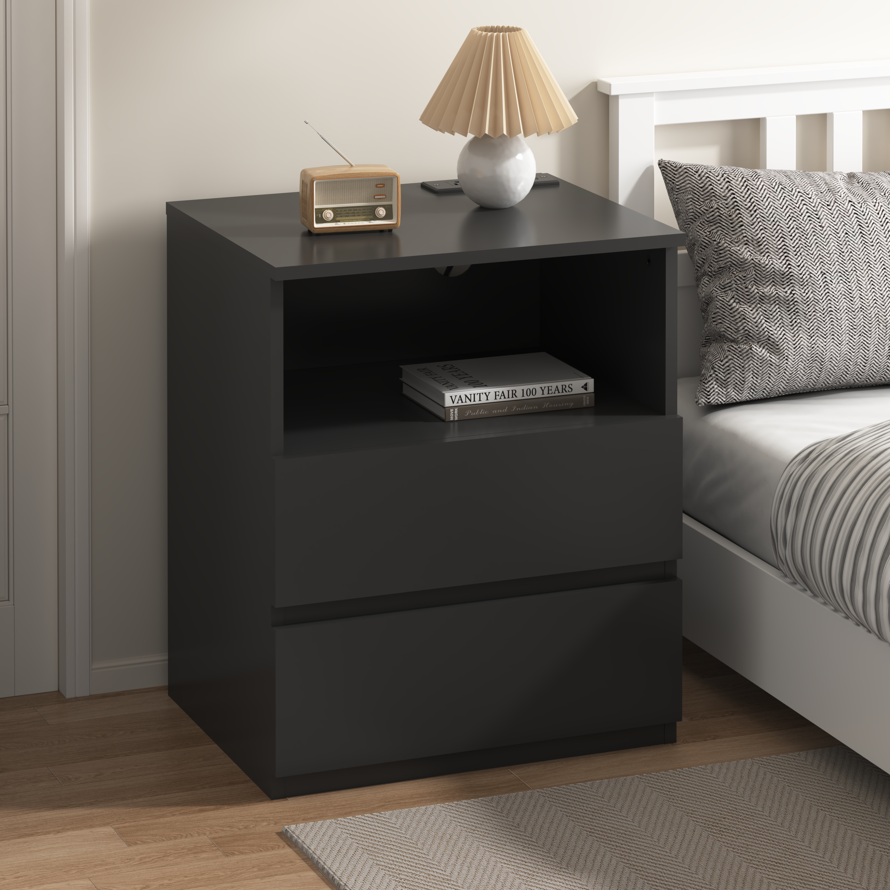 (Set of 2)End Table with Fast USB C Charging Station, Sofa Side Table with 2 Drawers, Large Storage Modern Wood Storage Cabinet for Living Room,Bedroom,Office, Black - Grand Goldman Shop