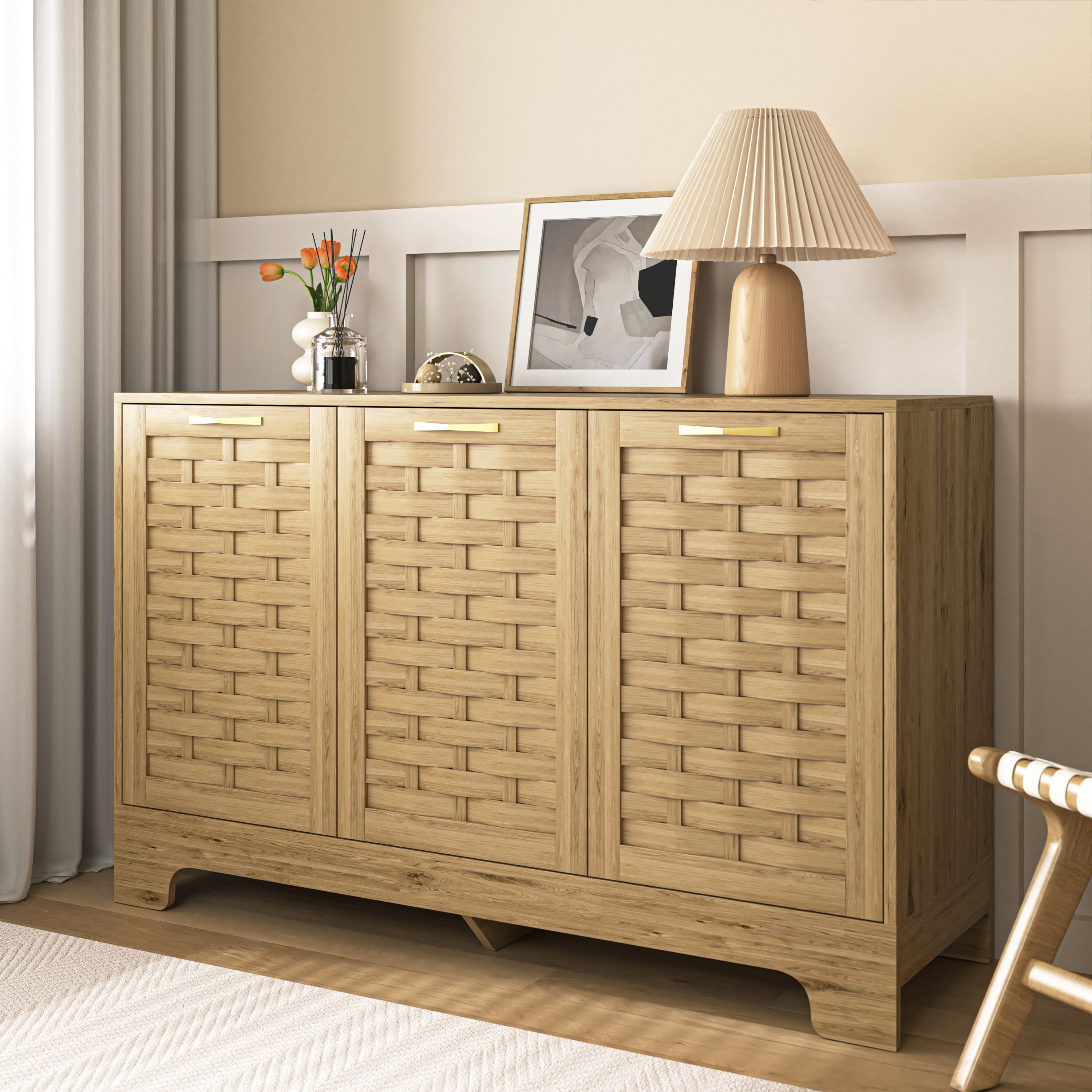Storage Cabinet with 3 Doors, Wood Sideboard Buffet Storage with Adjustable Shelf, Anti-tip Kit Accent Cabinet for Living Room, Hallway, Entryway, Dining Room, Bedroom - Grand Goldman Shop