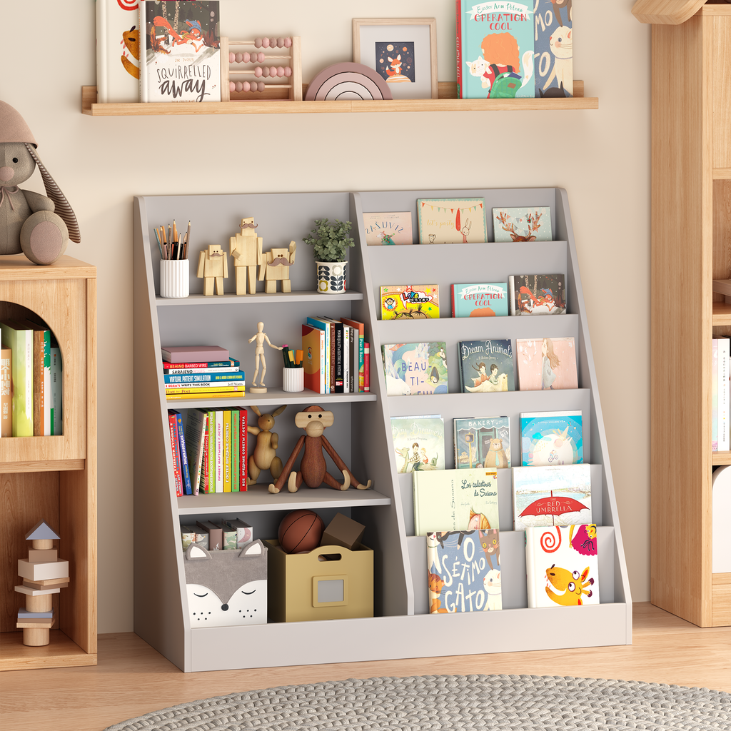Kids Bookshelf and Toy Storage Organizer, 4-Tier Wooden Bookcase with Display Stand in Gray MDF for Nursery, Playroom, or Chi