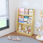 3 Tier Kids Book Shelf, Natural Finish MDF & Pine Wood Storage Rack for Playrooms, Bedrooms, and Classrooms - Grand Goldman