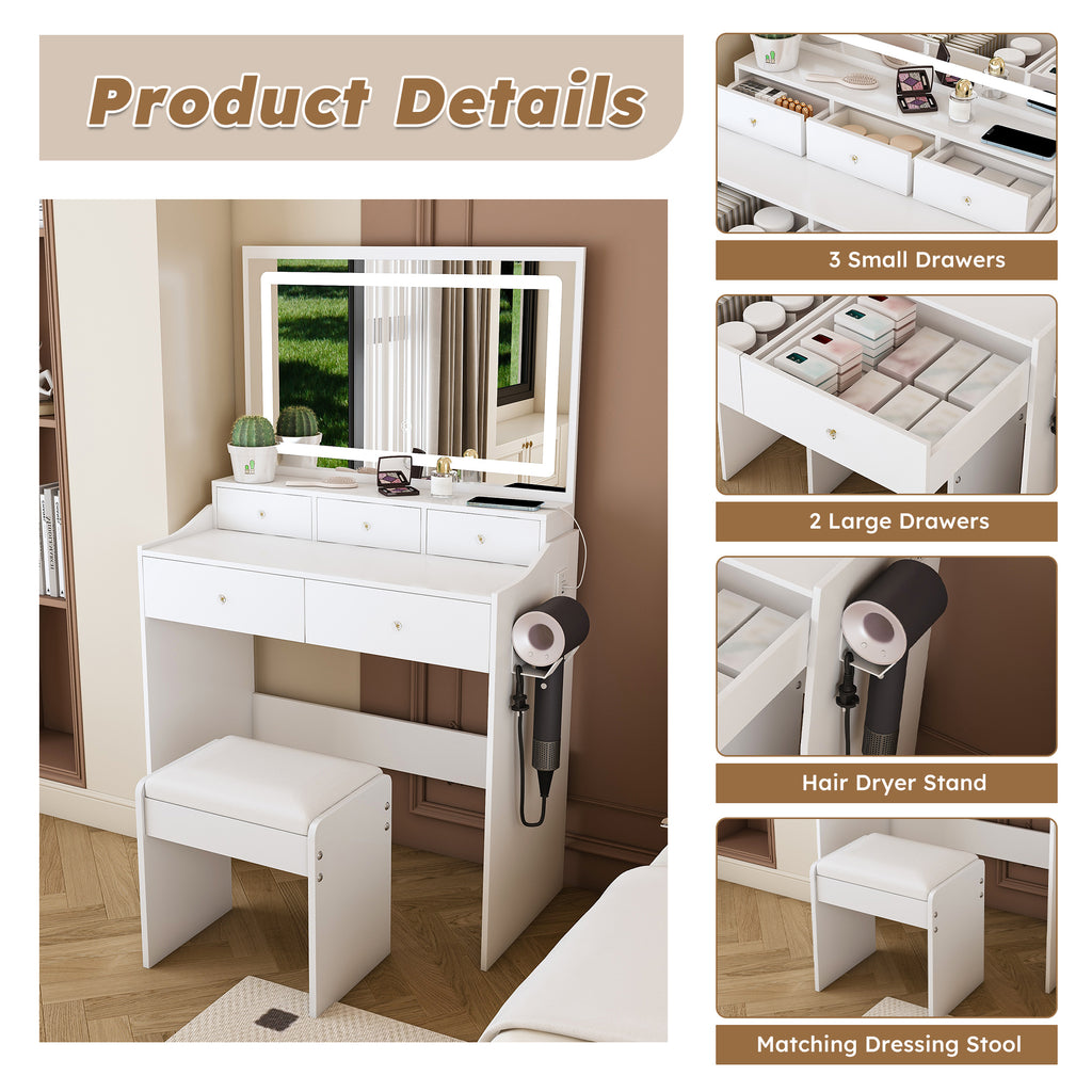 Modern White Vanity Desk with Large Mirror, Power Outlet & Hair Dryer Holder, Adjustable Lighting, 5 Drawers - Grand Goldman Shop