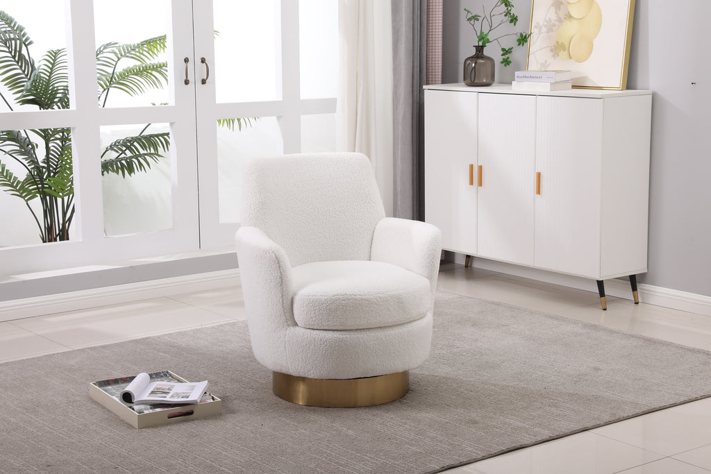 Teddy Swivel Barrel Chair, Swivel Accent Chairs Armchair for Living Room, Reading Chairs for Bedroom Comfy, Round Barrel Chairs with Gold Stainless Steel Base (Ivory) - Grand Goldman Shop