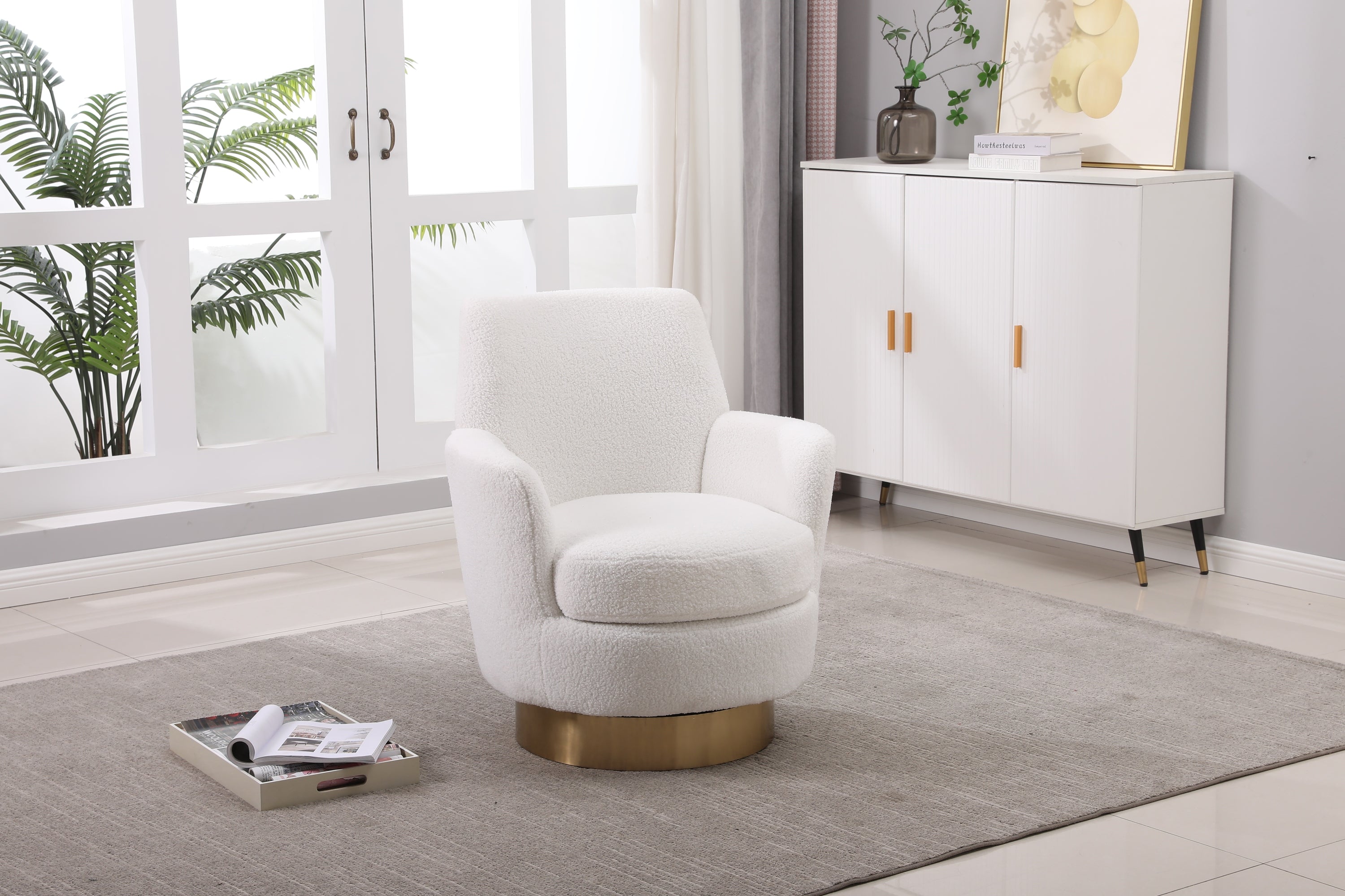 Teddy Swivel Barrel Chair, Swivel Accent Chairs Armchair for Living Room, Reading Chairs for Bedroom Comfy, Round Barrel Chairs with Gold Stainless Steel Base (Ivory) - Grand Goldman Shop