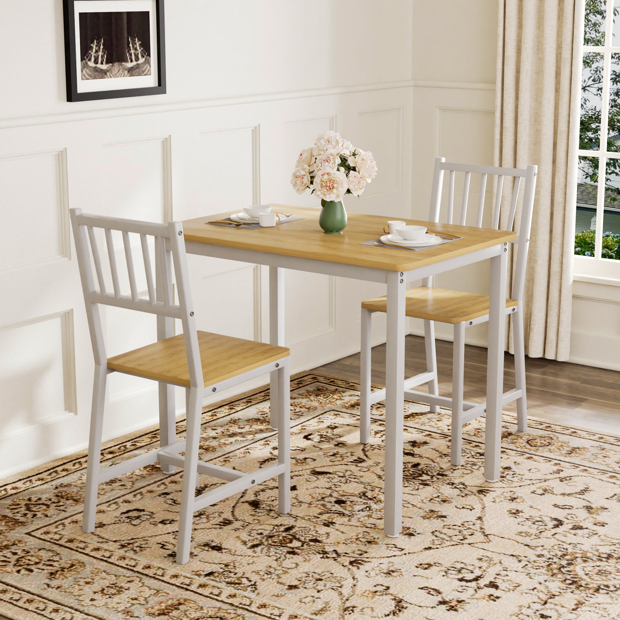 Dining Table Set, Bar Table with 2 Dining chairs, Kitchen Table Counter with Chairs, Industrial for Kitchen Breakfast Table, Living Room, Party Room,Natural and White,35.4″L x23.6″W x 29.7″H - Grand Goldman Shop