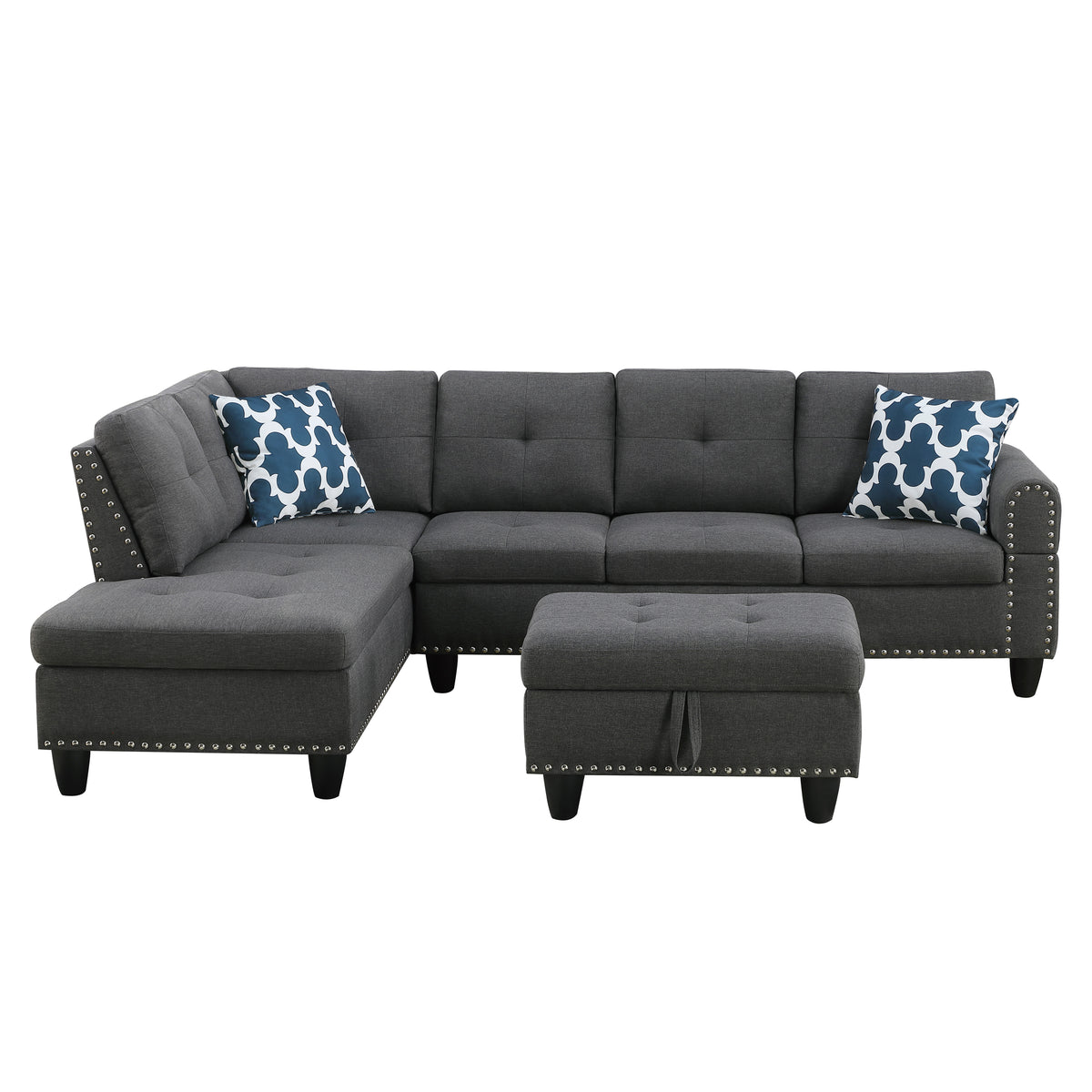 Alger Modern 98' Wide Left Hand Facing Sofa & Chaise with Ottoman in Dark Gray Linen - Grand Goldman Shop