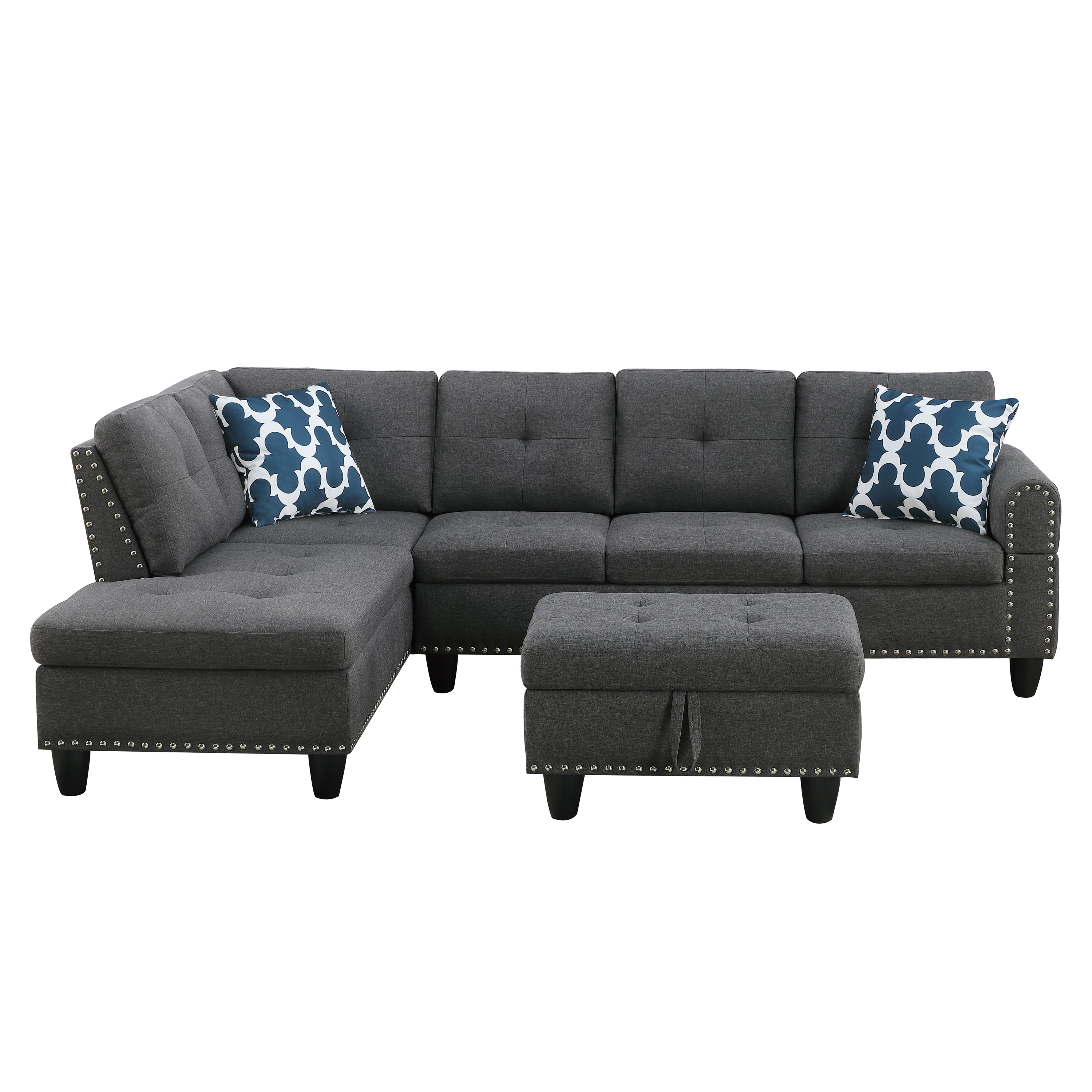 Alger Modern 98' Wide Left Hand Facing Sofa & Chaise with Ottoman in Dark Gray Linen - Grand Goldman Shop