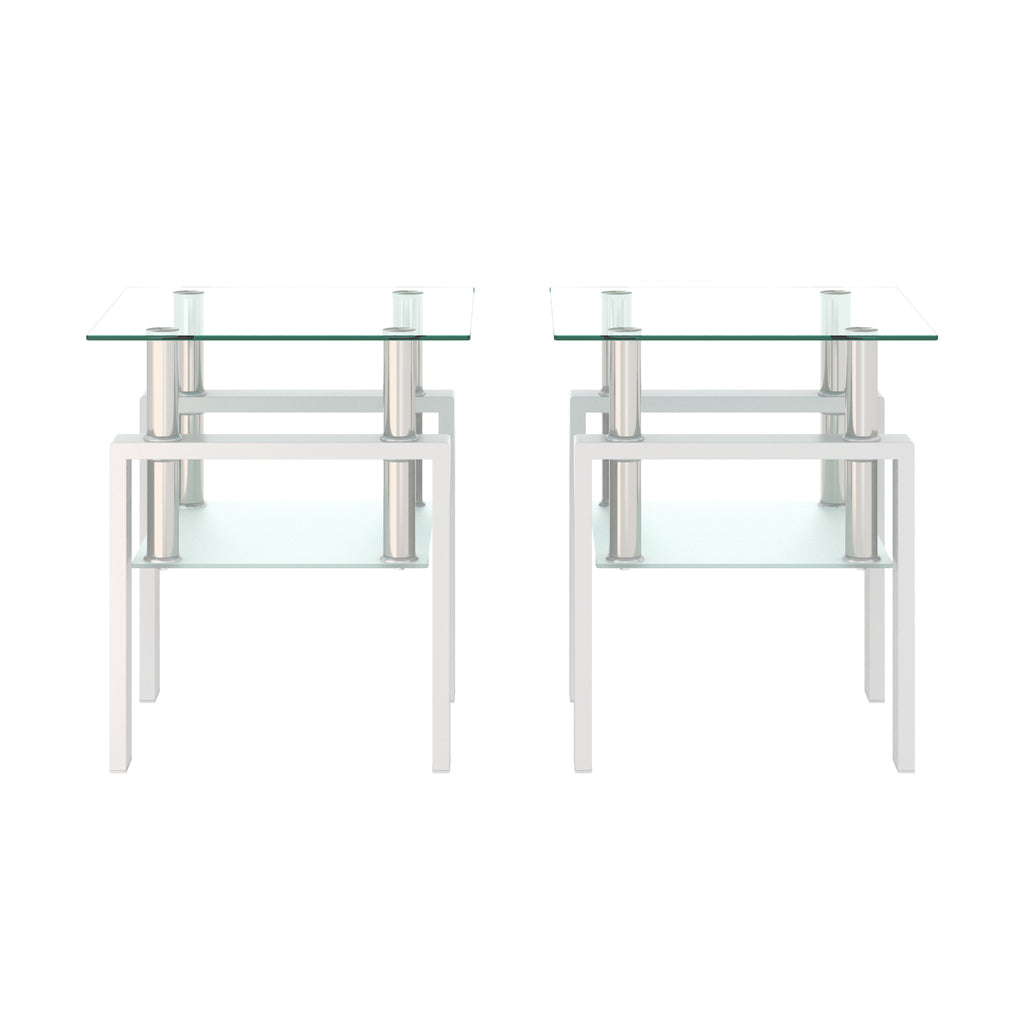 Set of 2, Modern Tempered Glass Tea Table Coffee Table End Table, Square Table for Living Room, Transparent/White - Grand Goldman Shop